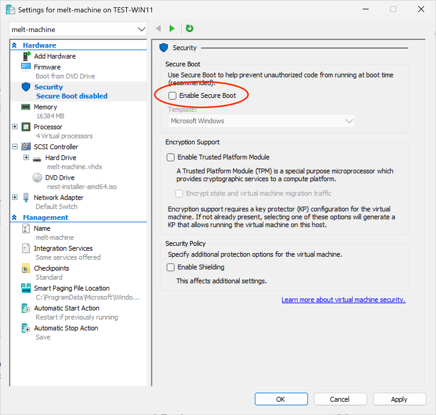 Hyper-V: disable Secure Boot