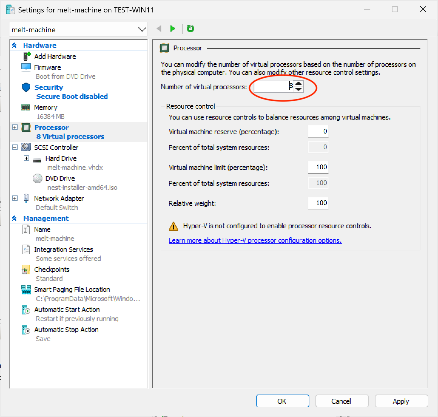 Hyper-V: processor settings