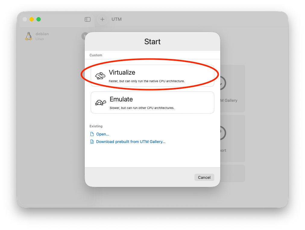 UTM: choose Virtualize