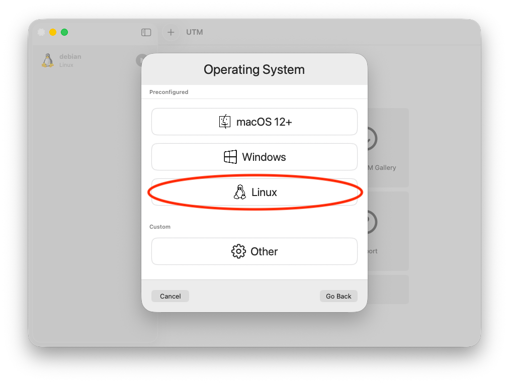 UTM: choose Linux