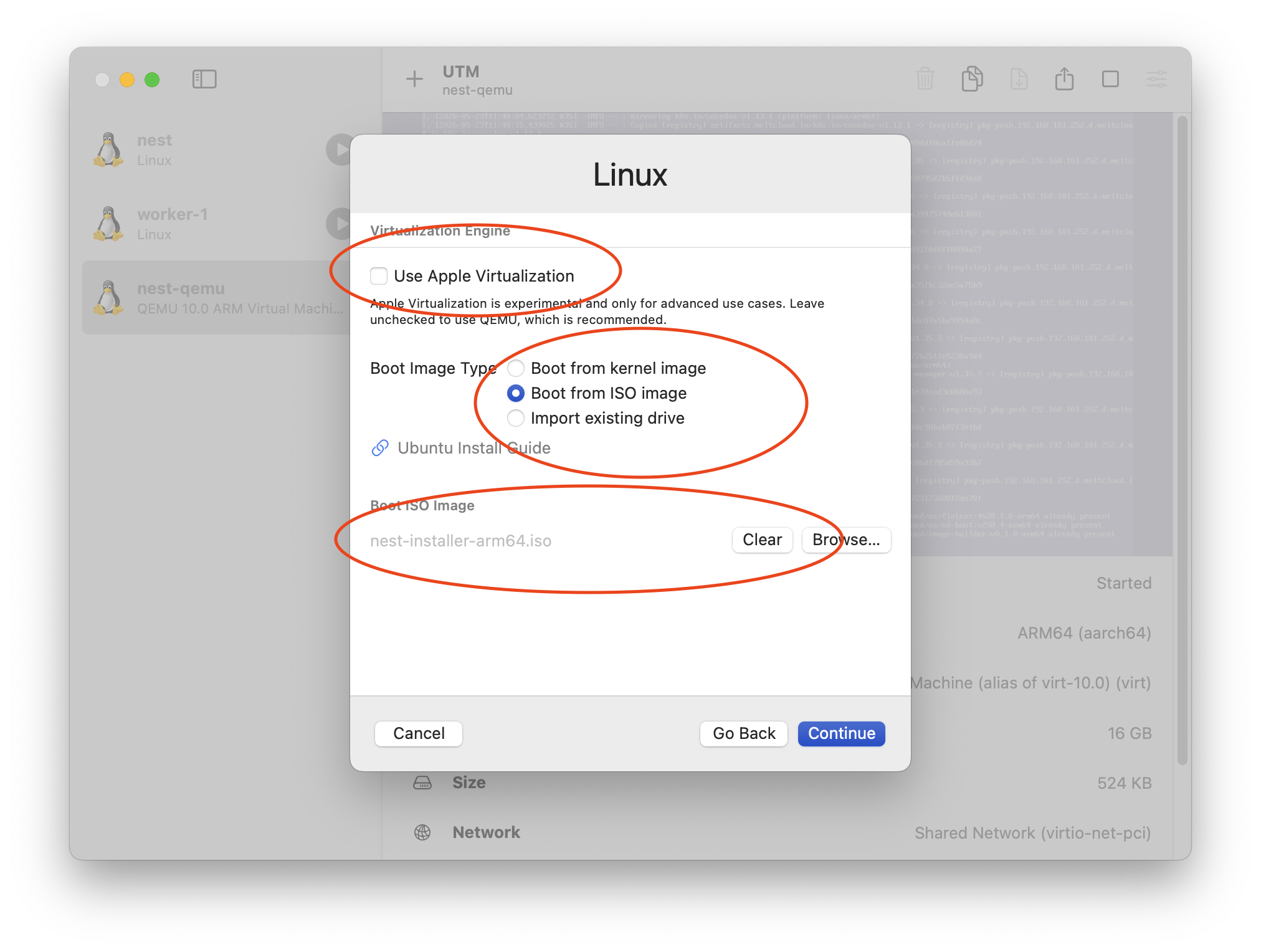 UTM (QEMU): uncheck Use Apple Virtualization